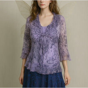VTG Y2K Separates Silk Top PXL Purple Paisley Sheer Sequins Fairy Whimsy Ruffle